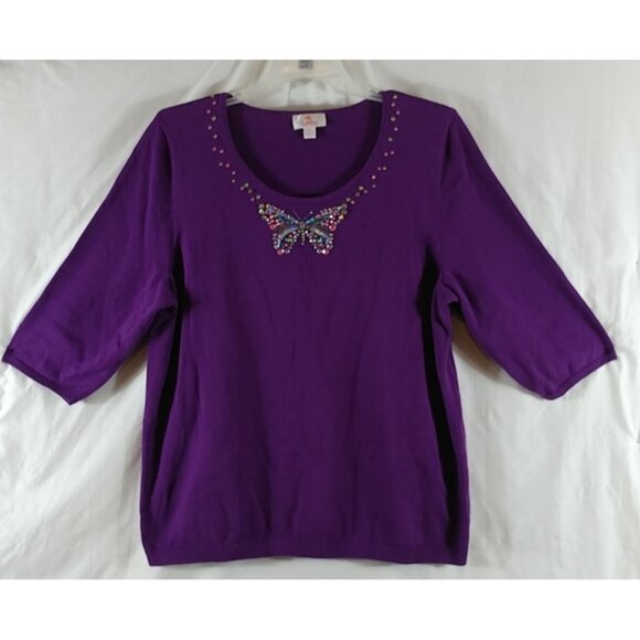 Quacker Factory Women's Purple Bejeweled Butterfly Short Sleeve Sweater Size 1X - Picture 1 of 8